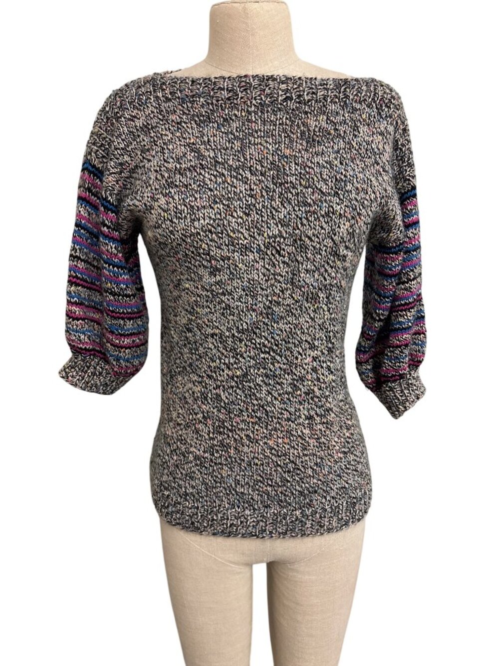 Vintage Multicolor Knit Sweater With Striped Sleeves